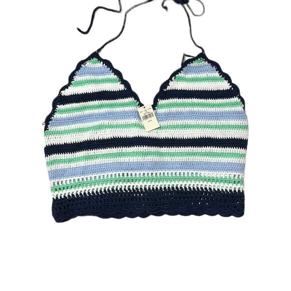 New Aerie Crochet Knit Textured Halter Cropped Bra Top Navy - Picture 7 of 8